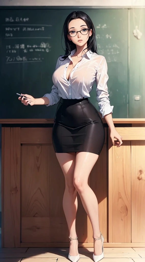 ((1girl, solo)), large breasts, beautiful body, (perfect anatomy, perfect body, perfect hands, perfect legs), nice hands, natural proportions, sexy body, standing BREAK 

((extremely detailed face)), (black eyes:1.5), (beautiful detailed eyes:1.6), (realistic pupils, realistic iris:1), expressive eyes, looking at viewer, (clear eyes:1.3), (hyperrealistic:1.2), (detailed skin texture:1.2), smooth skin, (black hair:1.5), blunt sidelocks, straight hair, long hair, (detailed lips:1.2), (attractive lips:1.1), (glossy lips:1.1), smile, perfect face, perfect eyes, glasses, semi-rimless eyewear BREAK

white shirt, dress shirt, collared shirt, partially unbuttoned, collarbone, cleavage, long sleeves, sleeves rolled up, black pencil skirt, miniskirt, thighs, bare legs, high heels BREAK

(masterpiece:1.5), anime-style, top quality, best quality, (beautiful and aesthetic:1.2), (ultra detail:1.5), Ultra-detailed depiction, Ultra-precise depiction, extremely detailed 8k illustration, high resolution, (highly detailed shading:1.2), (realistic lighting:1.4), perfect lighting, vibrant colors, dynamic tones, striking hues, 8k, absurd resolution, perfect shadows, hdr, UHD, ambient lighting, realistic, ultra-realistic, photo realistic, highly detailed, rich detail, luminous colors, fine texture, intricate design, professional illustration, (soft light:1.2), (illustration:0.7)