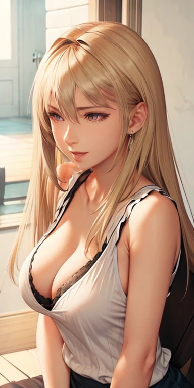 Gorgeous adult woman, long neck, long blonde hair, bangs, sleeveless clothes, cleavage, soft light, high quality, 4k resolution
