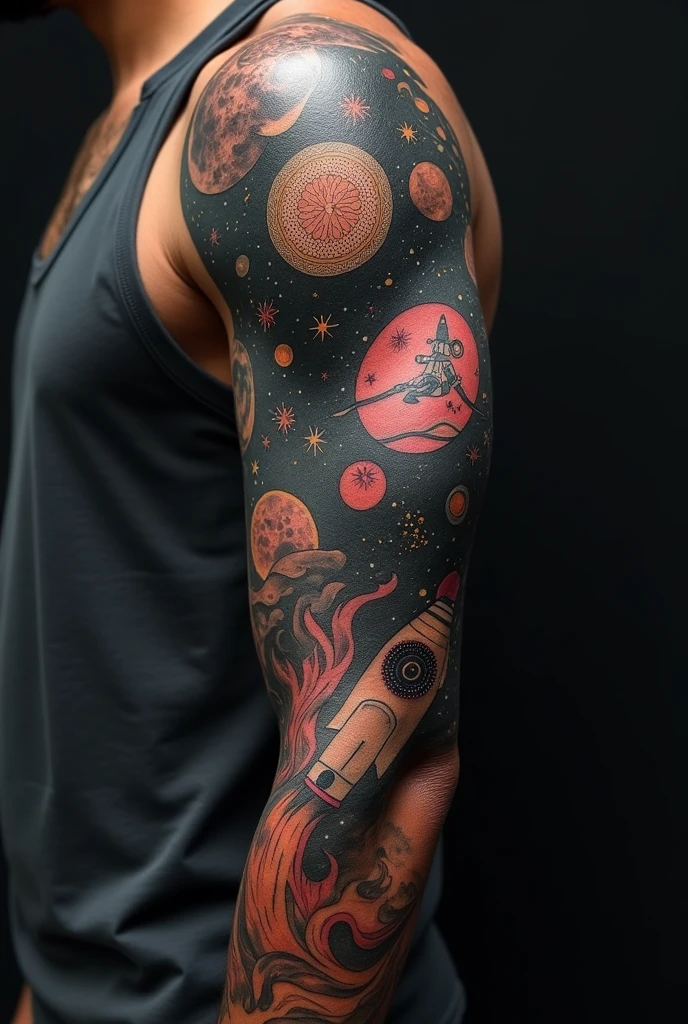 An intricate arm tattoo that covers from shoulder to wrist with a space theme, ideal for dark skin. On the shoulder, Incorporates a constellation style in fine, detailed lines with touches of white or bright color to ensure visibility. in the arm, combines different styles: an astronaut in a realistic or mandala style, floating between planets , while the rocket can have a more graphic or line style. Add the moon, stars and meteors in a pointillism or abstract style to create contrast and depth. Use shading techniques and leaving space in the skin, that stand out on dark skin, avoiding a 'black cut' type design."