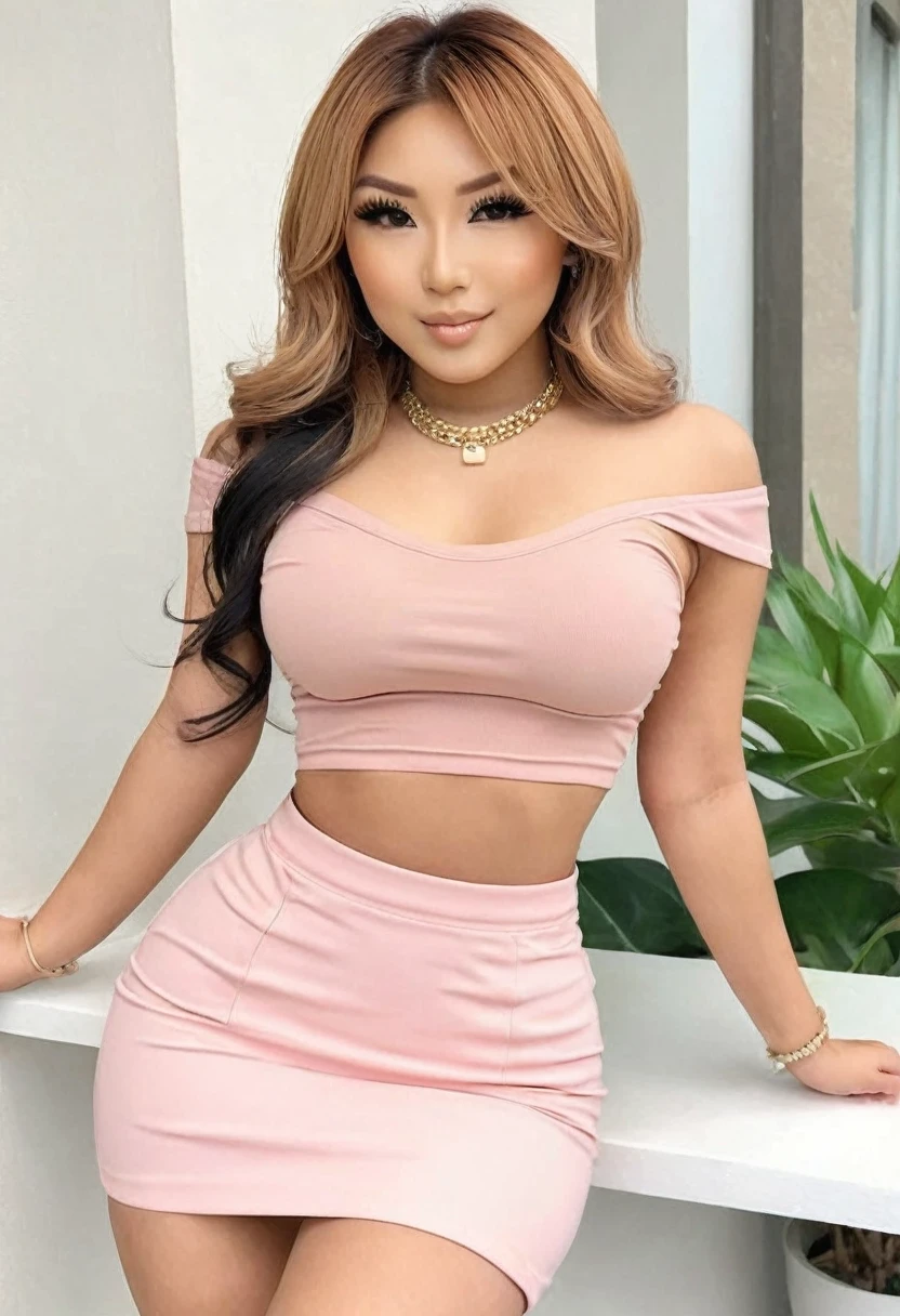 (best high quality:1.5), work of art, (8k), extremely detailed, (High details:1.4), Solo, ((HotLexi)), gyaru Japanese female with 2, (crop top, pencil skirt), ((shaped-hourglass hot body)), (pretty perfect square defined model face:1.2), BREAK,