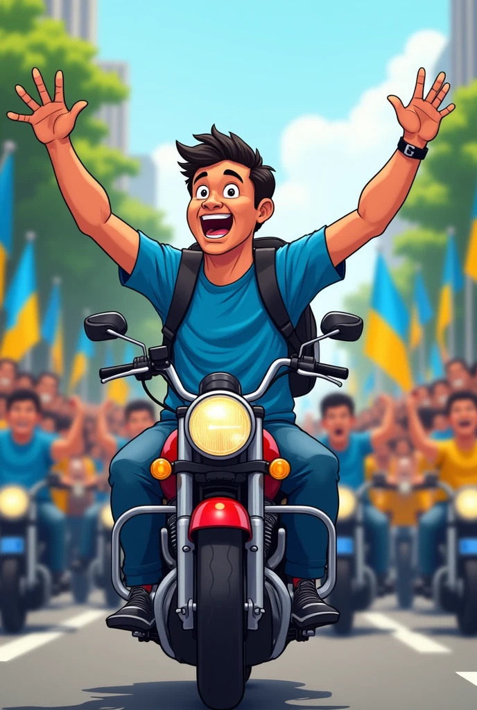 Draw a cartoon of a man with a blue shirt and a black bag on his back, calling people to follow him, riding a motorcycle bros, is to make a crowd of people following, people must wear blue and yellow shirts, men and women, a blue flag on the bike, and people holding flags with yellow and blue color