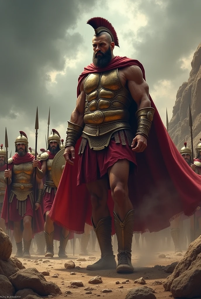 Spartan King Leading Troops: A powerful scene showing a Spartan king, possibly King Leonidas, leading his troops into battle. The king stands at the forefront, his cape billowing in the wind, with hundreds of Spartan soldiers in formation behind him. The backdrop is a desolate, rocky terrain under a stormy sky.
