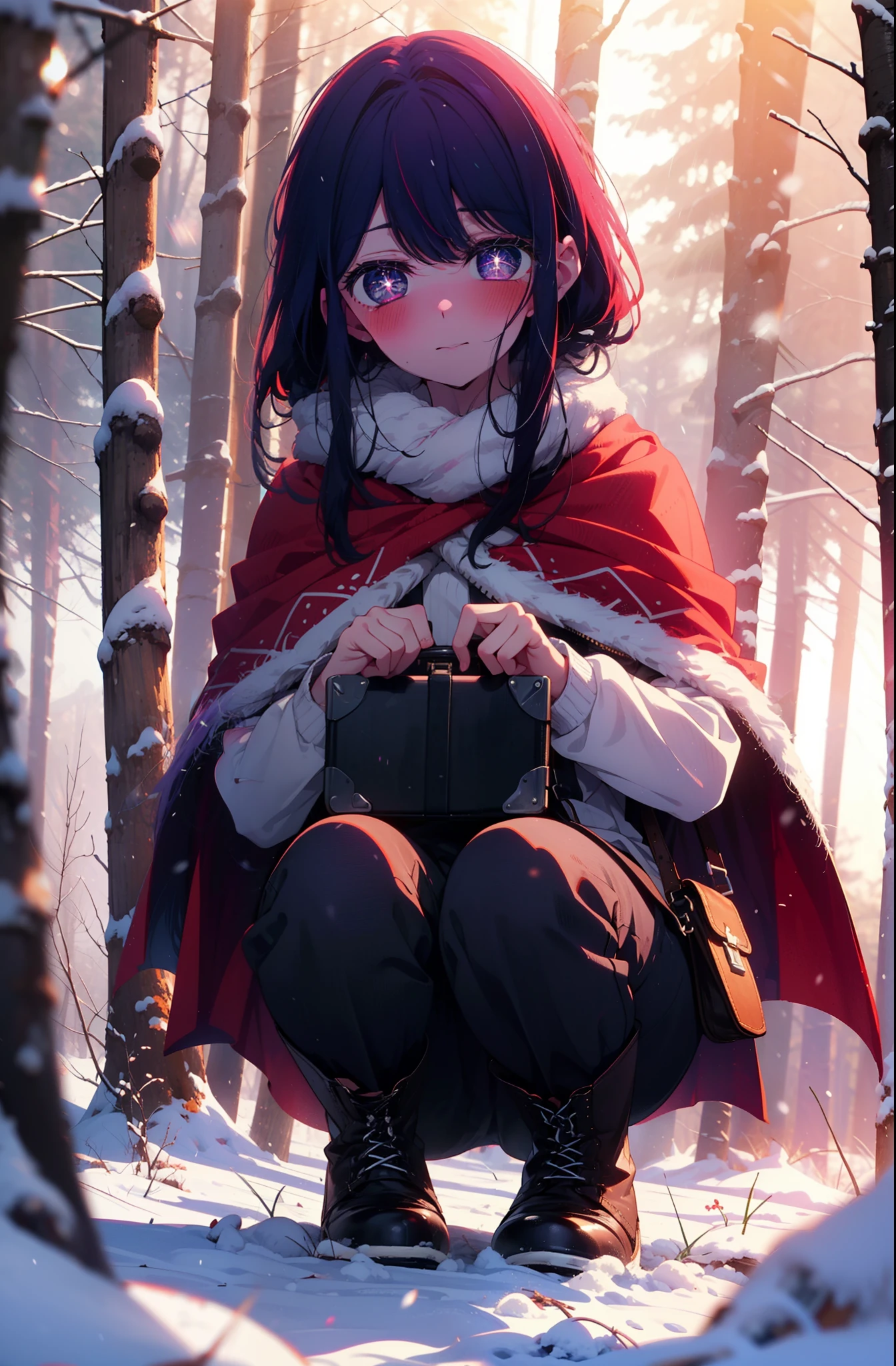aihoshino, Ai Hoshino, Long Hair, bangs, (Purple eyes:1.1), Purple Hair, (Symbol-shaped pupil:1.5), smile,,smile,blush,white breath,
Open your mouth,snow,Ground bonfire, Outdoor, boots, snowing, From the side, wood, suitcase, Cape, Blurred, , forest, White handbag, nature, Squat, Mouth closed, Cape, winter, Written boundary depth, Black shoes, red Cape break looking at viewer, Upper Body, whole body, break Outdoor, forest, nature, break (masterpiece:1.2), Highest quality, High resolution, unity 8k wallpaper, (shape:0.8), (Beautiful and beautiful eyes:1.6), Highly detailed face, Perfect lighting, Highly detailed CG, (Perfect hands, Perfect Anatomy),