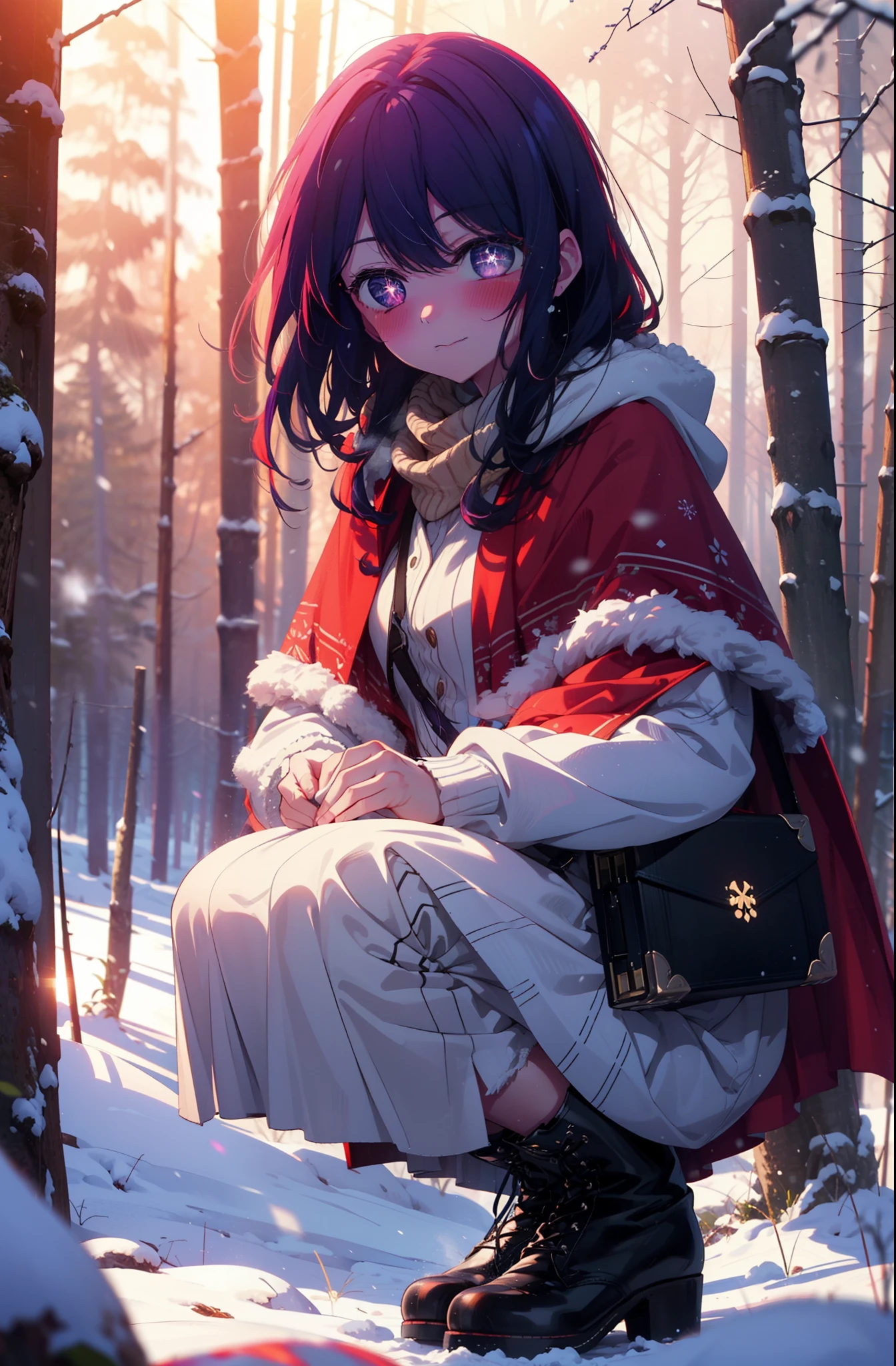 aihoshino, Ai Hoshino, Long Hair, bangs, (Purple eyes:1.1), Purple Hair, (Symbol-shaped pupil:1.5), smile,,smile,blush,white breath,
Open your mouth,snow,Ground bonfire, Outdoor, boots, snowing, From the side, wood, suitcase, Cape, Blurred, , forest, White handbag, nature, Squat, Mouth closed, Cape, winter, Written boundary depth, Black shoes, red Cape break looking at viewer, Upper Body, whole body, break Outdoor, forest, nature, break (masterpiece:1.2), Highest quality, High resolution, unity 8k wallpaper, (shape:0.8), (Beautiful and beautiful eyes:1.6), Highly detailed face, Perfect lighting, Highly detailed CG, (Perfect hands, Perfect Anatomy),