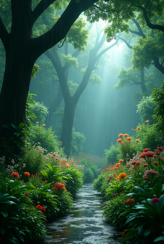 Image of a green garden in the rain with saturated contrast