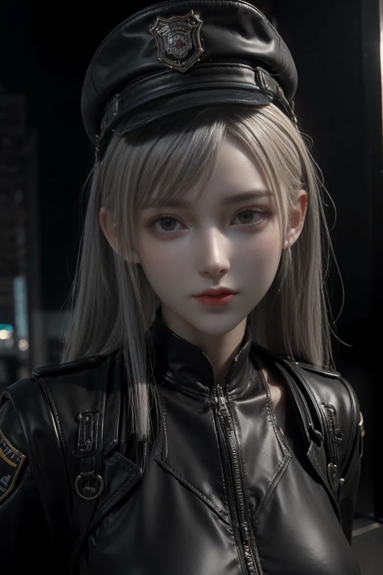 masterpiece,Game Art,Best picture quality,Maximum resolution,8K,(A bust photo),(portrait),(Head close-up),(Rule of Thirds),Unreal Engine 5 rendering works,
20 year old girl,Future World Police,Short hair details,Long bangs,(Short white hair,Fiery eyes),(Large target, Full breasts),(Wearing unassigned,A very fine police hat,badge,Police Operational Accessories),A smile on the corner of the mouth,Elegant and charming,noble and gentle,(Dynamic poses),A top-down view,Neon night city,
Movie Lighting,Ray Tracing,Game CG,((3D Unreal Engine)),OC rendering reflection mode