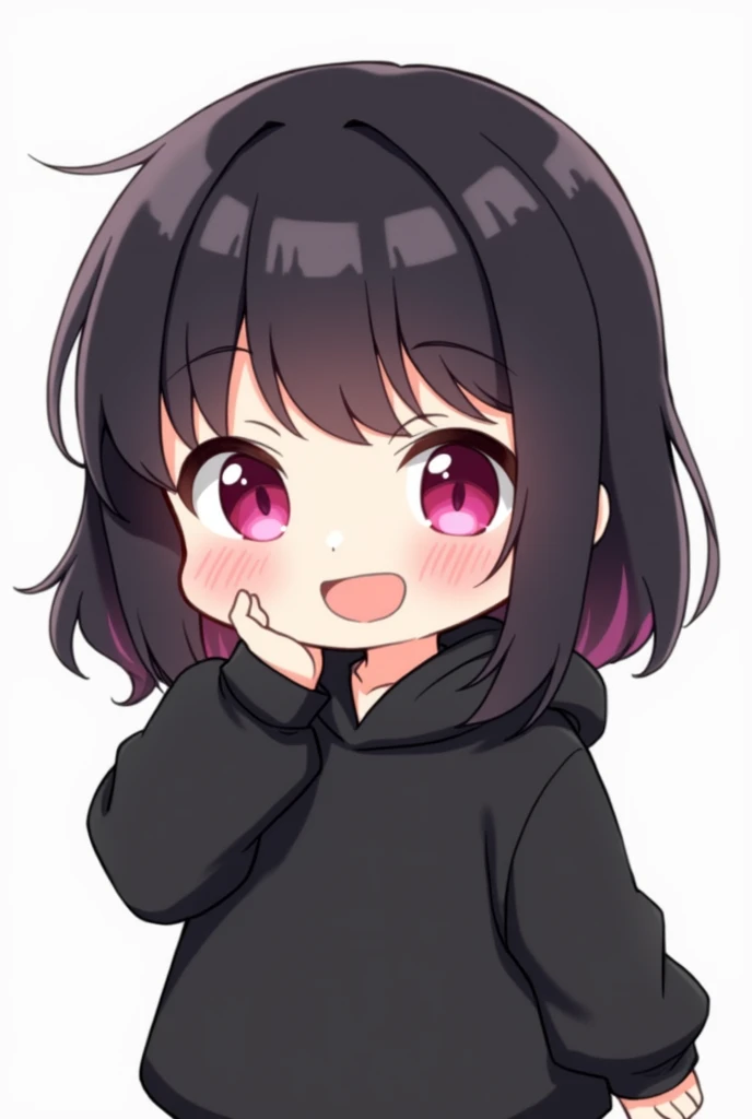 medium black hair girl with bangs, pink eyes and black sweatshirt, chibi style, smiling exaggeratedly