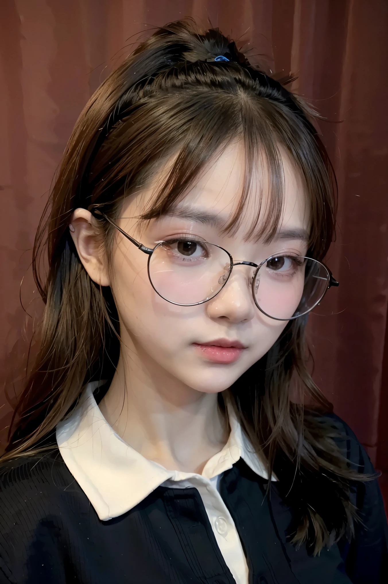 The face is of a Chinese girl wearing round black-rimmed glasses.