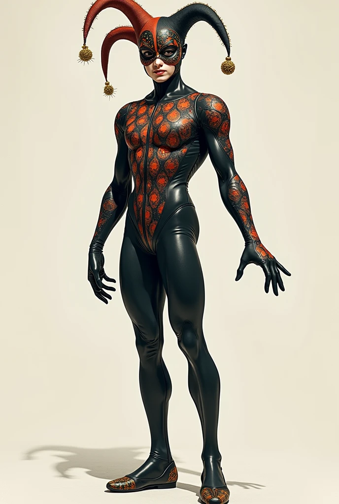 I want an illustration of a ballet costume or an alternative ballet costume for the "toys" from act 1 of The Nutcracker. Let it be from the period a harlequin of a dark color with a mask Let it be with pants