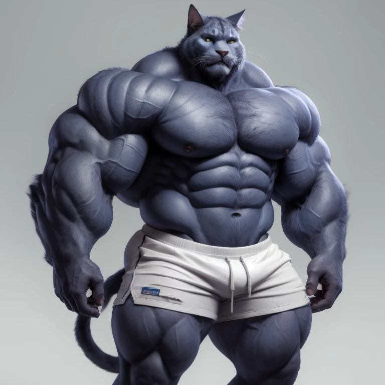 brutalmass, a cat, blue, cute cat, shirtless, white shorts, muscular, on a gray background