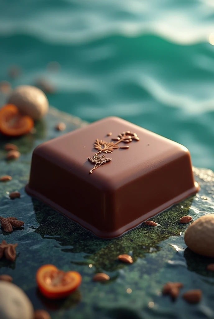 Square chocolate with round edges covered in chocolate with a sea background with the culture of Callao, Peru