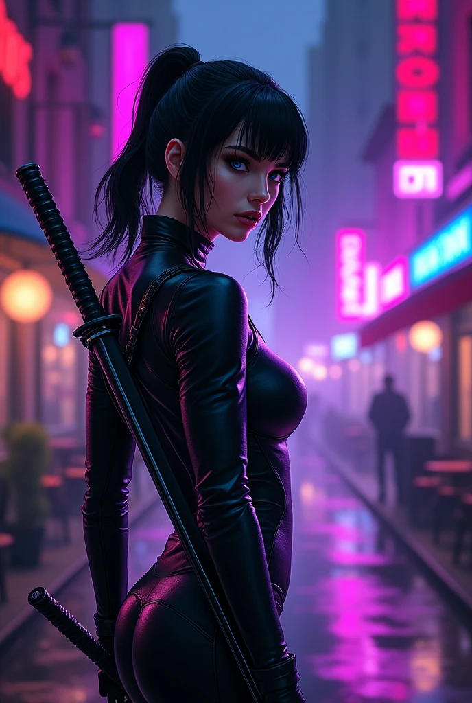 at night, some buildings in the united states, bars, purple phosphorescent lights, and a woman with black hair and blue eyes, small nose,Super pretty with a black leather suit and two katanas on her back, handling it perfectly
