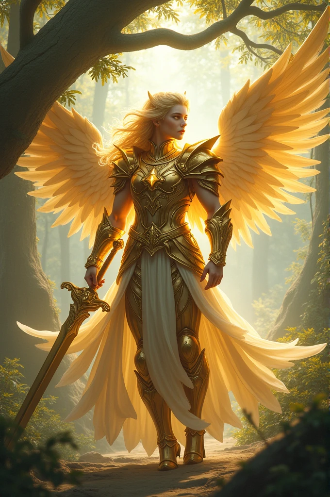 a swordsman,angel,gold pegasus armor with white,with a long sword,honey colored eye,so branch