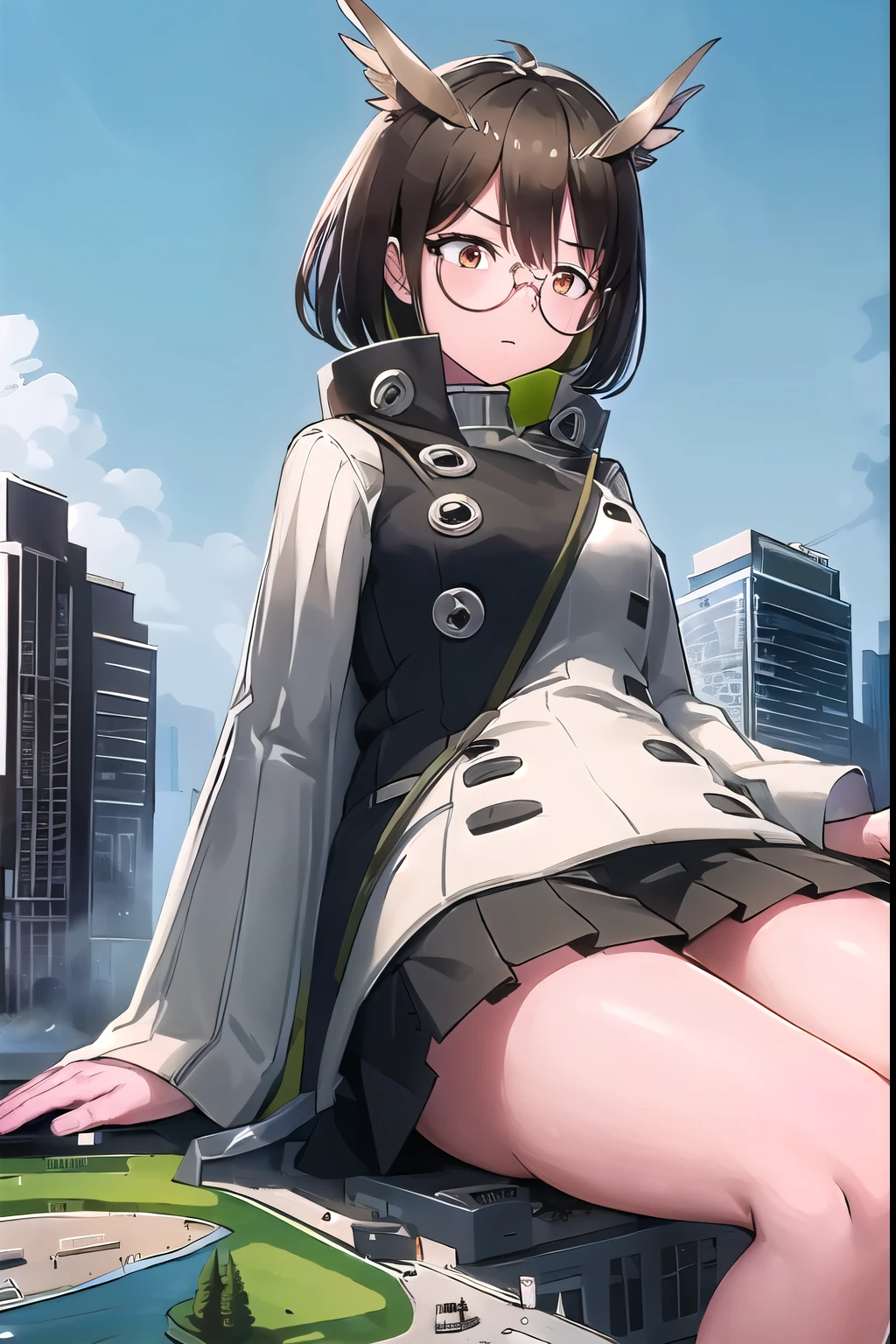 giantess, business suit, Only one girl, Lying down, ((Super huge high school girl bigger than a island)), Pleasure, Trying to crush a miniature metropolis, ((destroyed city)), Long legs, No chest leakage, crash city, tiny city, micro city, gym room, big assa, city, giga giantess, huge craters, Woman crushing a building, ravines, cracks in the ground, earthquak, blue sky, City, ((Background on the street)), (((The Girl Who Crushes the City))), first-person view, first-person view, アニメ, first-person view, アニメ, from below, first-person view, best quality, masterpiece, highres, silence_arknights,Woman sitting on the ground,Glasses