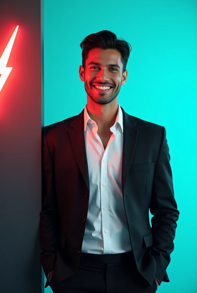 @𝐙𝐢𝐝𝐚𝐧 𝐀𝐡𝐦𝐞𝐝 ღ:A young Man With Dark hair and a confident smile He is Dressed in a black blazer over a white shirt The man is positioned against aqua colour backdrop with a subtle red lightning on the left side and