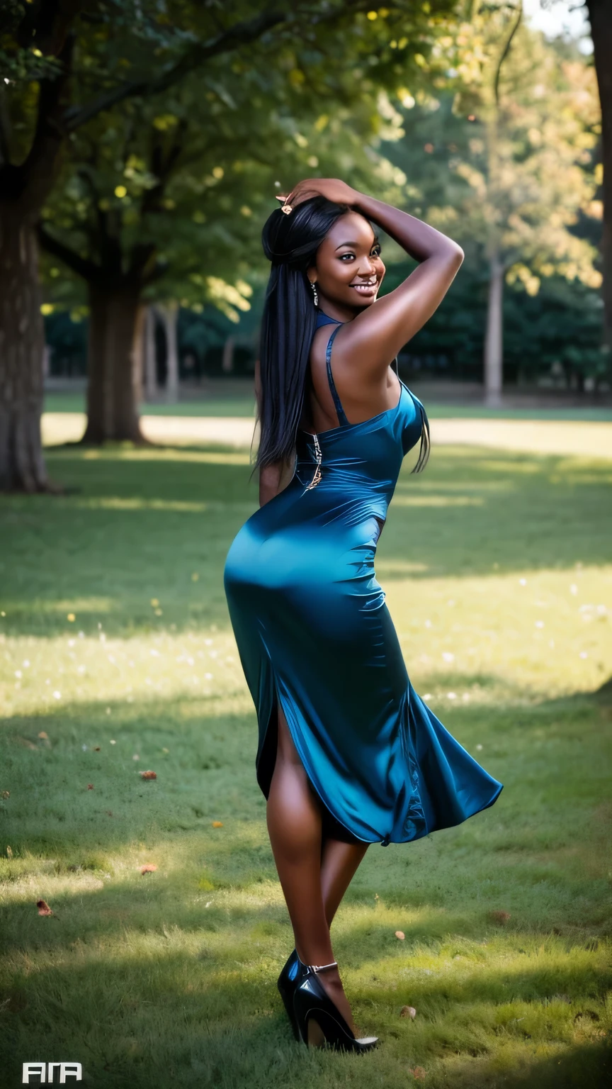 Realistic full body photo of a smiling black woman with long hair, black skin, She dances in front of the camera in a long A-line dress with straps made of shiny blue satin., Park,glamour fotoshooting, Wedding celebration, perfect anatomy, perfect brown eyes. Perfect hands with 5 fingers on each hand, Matching girl, looking at the camera, 1 Frau. (Eye make up:1.1), (highly detailed skin:1.1), spirit, og style, keen focus, 8K UHD, dslr, good quality, Fujifilm XT3, Grain, Award-winning, masterpiece. Wedding celebration. She stands in the park and looks over her shoulder towards the camera. Back