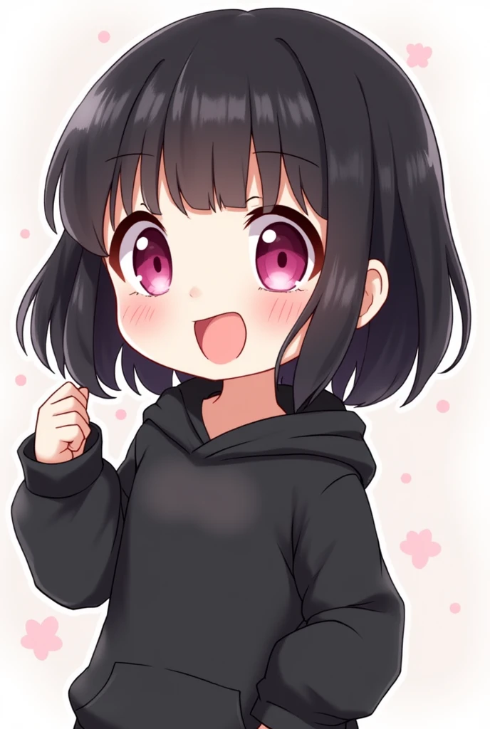 medium black hair girl with bangs, pink eyes and black sweatshirt, chibi style, smiling exaggeratedly