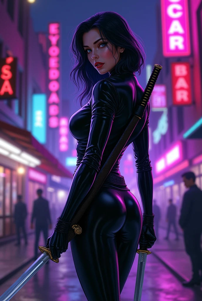 at night, some buildings in the united states, bars, purple phosphorescent lights, and a woman with black hair and blue eyes, small nose,Super pretty with a black leather suit and two katanas on her back, handling it perfectly