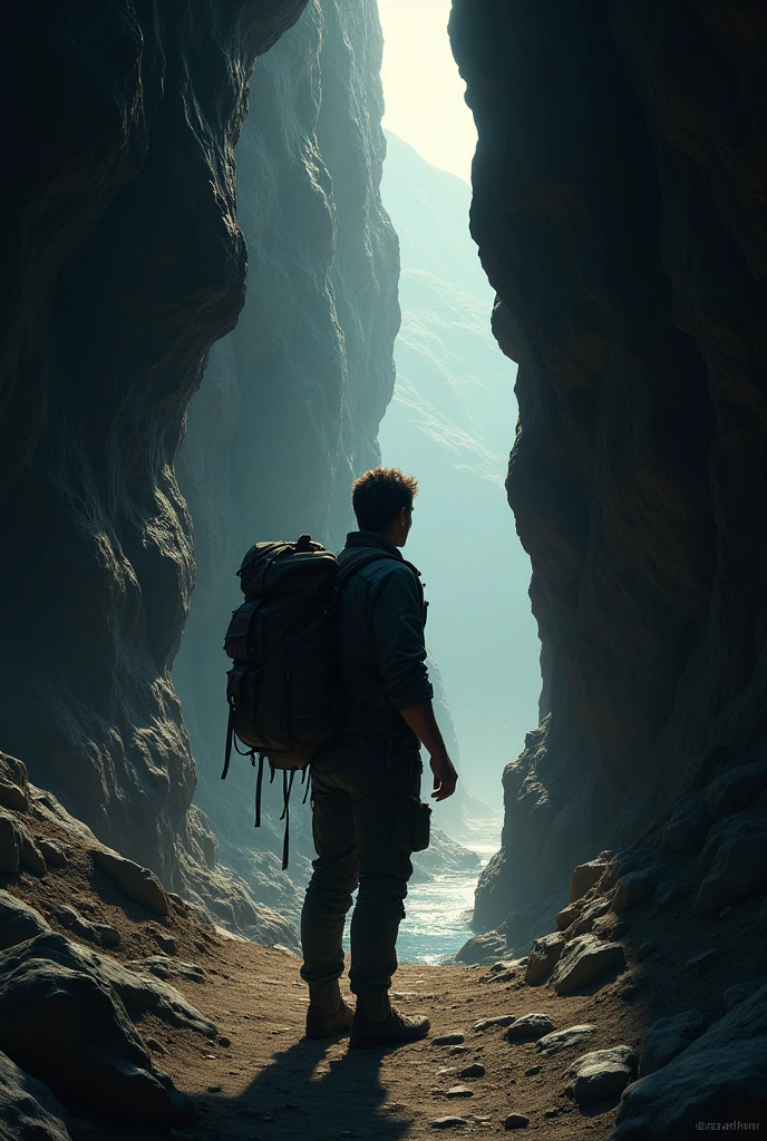 A man standing in front of very narrow cave. And he is yet to go inside