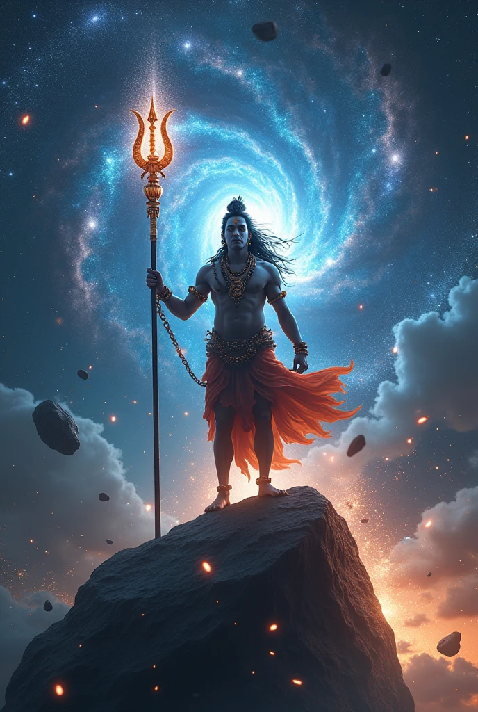 "A majestic portrayal of the Hindu god Mahadev (Shiva) standing on a giant meteorite in the vastness of space. Mahadev, with his divine and powerful presence, wears earrings made from crescent moons, adding a celestial touch to his appearance. He holds a massive alien trident made of dark matter light that radiates an ethereal glow. Around him, numerous smaller meteorites trail in motion, creating a dynamic sense of cosmic energy. Behind him, a swirling mass of dark matter forms a chaotic backdrop, while in the distance, a galaxy is shown disintegrating, its fragments resembling countless sparkling diamonds scattered across the void. The scene merges the divine with the cosmic, depicting Mahadev as a powerful force in the universe."