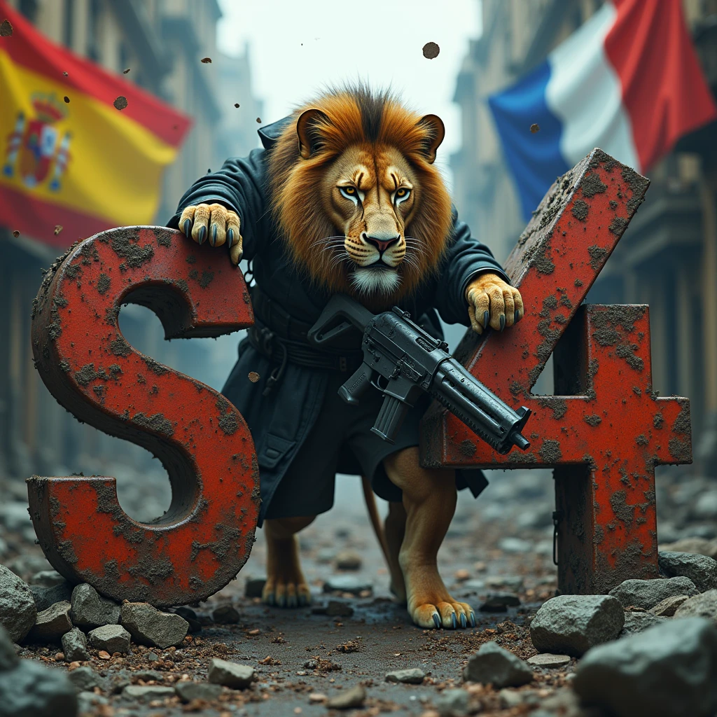 the letters S34 in rusty iron with bullet holes behind a lion dressed as a cyberpunk assassin with a gun. with a war background and the flags of Spain and France united