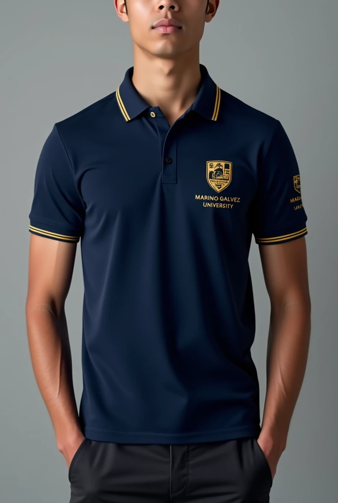 Navy blue polo shirt with two gold lines on the sleeves and collar, with the logo of Mariano Galvez University of Guatemala