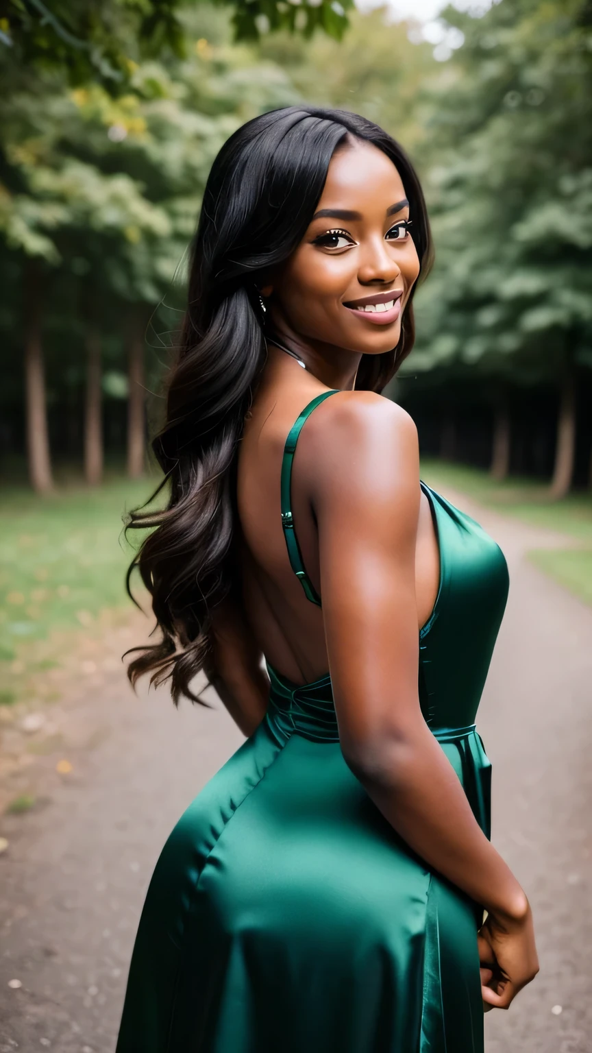 Realistic full body photo of a smiling black woman with long hair, black skin, She dances in front of the camera in a long A-line dress with straps made of shiny green satin., Park,glamour fotoshooting, Wedding celebration, perfect anatomy, perfect brown eyes. Perfect hands with 5 fingers on each hand, Matching girl, looking at the camera, 1 Frau. (Eye make up:1.1), (highly detailed skin:1.1), spirit, analog style, keen focus, 8K  UHD, dslr, good quality, Fujifilm XT3, Grain, Award-winning, ​masterpiece. Wedding celebration. She stands in the park and looks over her shoulder towards the camera. Back