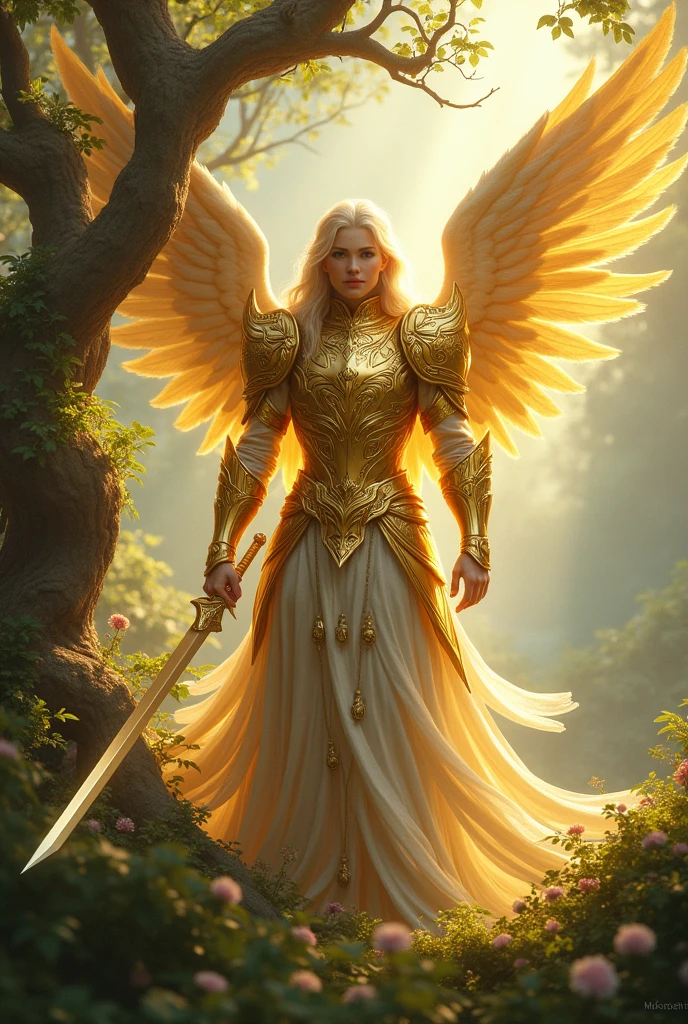 a swordsman,angel,gold pegasus armor with white,with a long sword,honey colored eye,so branch,homen