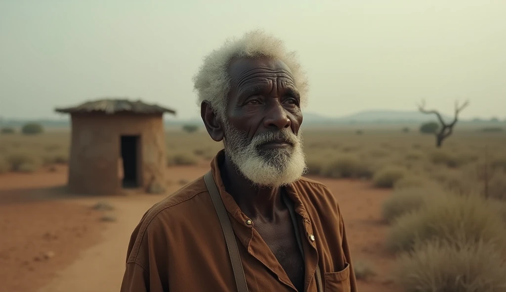 An old black man from Africa is wondering and scared about the future 