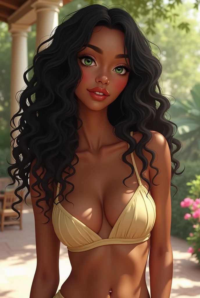 Full body pretty mixed race black and Asian girl with brown skin, green Asian monolid eyes, long curly black hair, a soft round face, full glossy lips, standing on a patio ,low cut top shorts