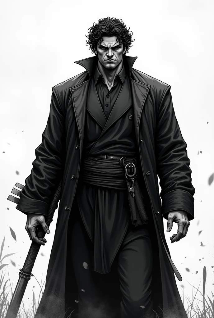 a brown executioner, tall in stature, with black and curly hair, broad shoulders answering a question, with manga art, in hatching, black andwhite