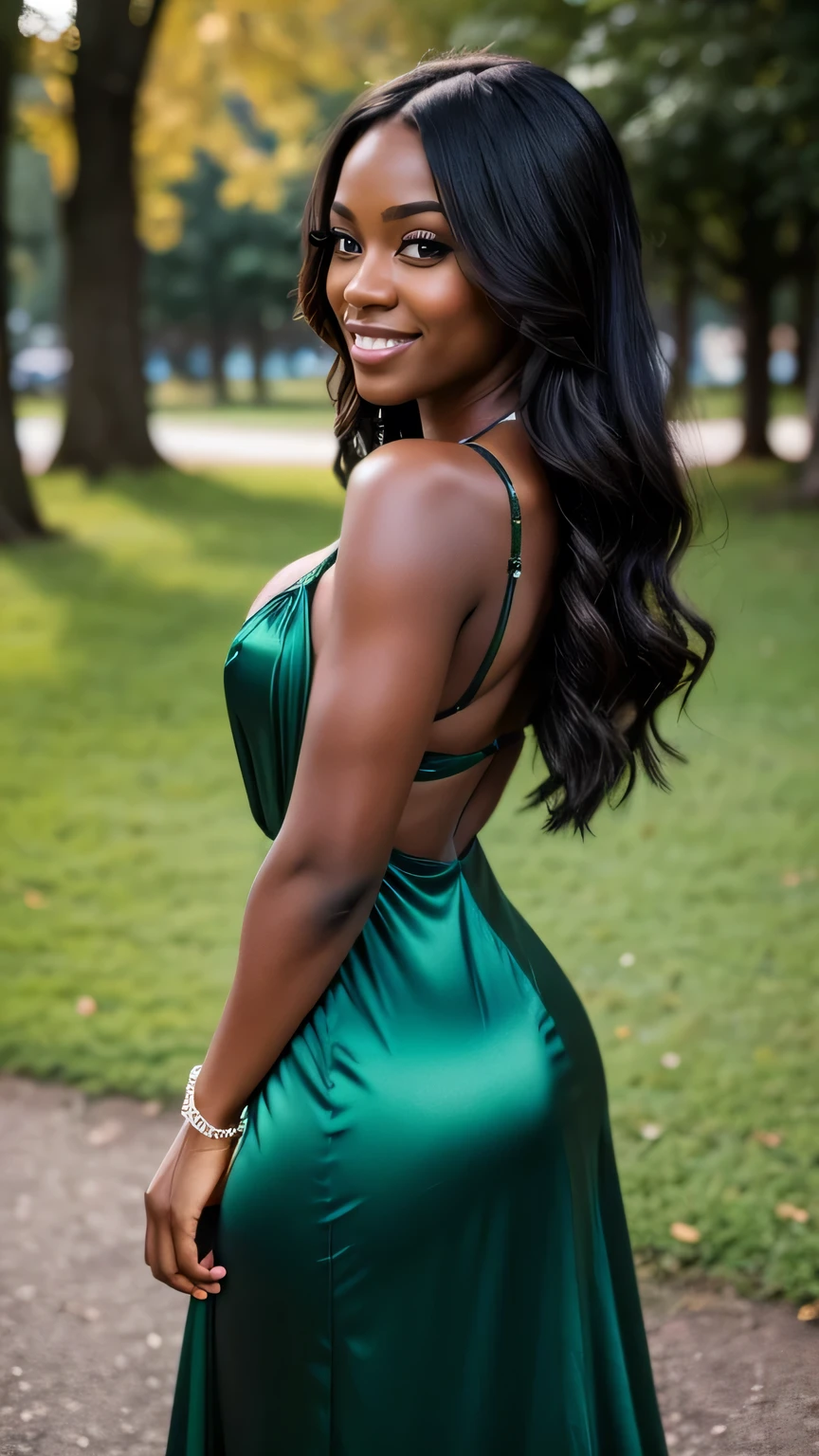 Realistic full body photo of a smiling black woman with long hair, black skin, She dances in front of the camera in a long A-line dress with straps made of shiny green satin., Park,glamour fotoshooting, Wedding celebration, perfect anatomy, perfect brown eyes. Perfect hands with 5 fingers on each hand, Matching girl, looking at the camera, 1 Frau. (Eye make up:1.1), (highly detailed skin:1.1), spirit, analog style, keen focus, 8K  UHD, dslr, good quality, Fujifilm XT3, Grain, Award-winning, ​masterpiece. Wedding celebration. She stands in the park and looks over her shoulder towards the camera. Back