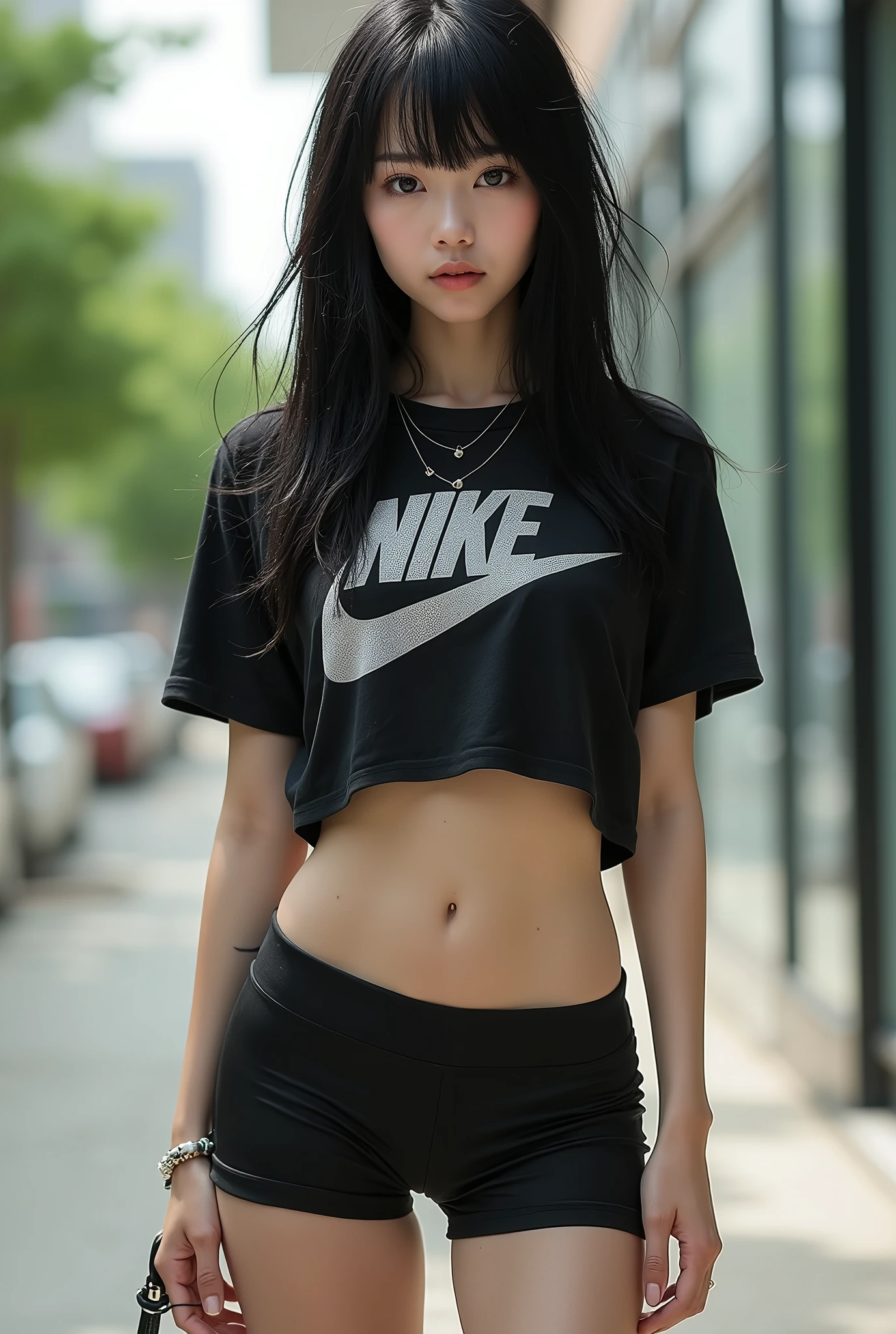 (best quality,8k,highres,masterpiece:1.2),ultra-detailed,(realistic, photorealistic, photo-realistic, slim waist, skinny, small body:1.37),realistic skin texture, detailed eyes and lips, beautiful detailed face ,long eyelashes ,smooth skin, realistic photo, young cute Asian teen, unkempt black hair with bangs, in revealing emo grunge style t-shirt croptop with accessories and layers, wearing tight nike-pro spandex gym shorts that accentuate her ass, ((standing up facing the viewer)), (full body shot:1.4), striking a revealing pose, detailed face and body, natural lighting, high resolution, photorealistic, jewelry, (legs in fame of picture:1.2)