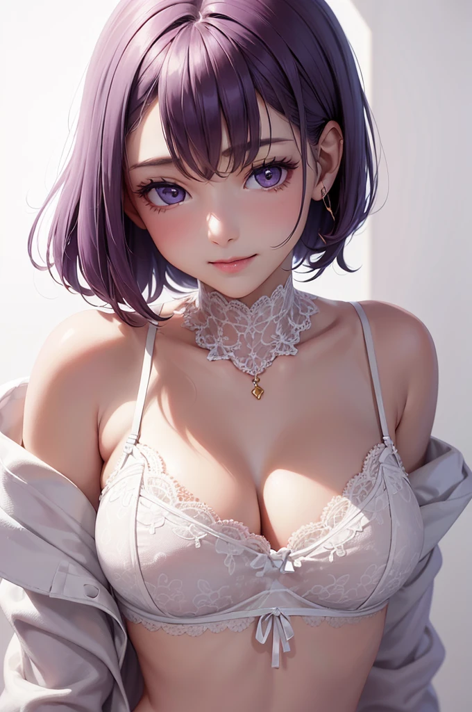 Best Quality,High resolution,8k,(plain white background, no patterns, no textures, just a plain white background:1.3),Masterpiece:1.2),beautiful girl,Big Breasts,(Glossy, deep purple hair:1.3),bob cut,Beautiful purple eyes,A set of lingerie featuring intricate lace detailing(pink color). The bra has delicate lace trim along the edges with a floral or geometric pattern, and adjustable straps with small, refined accents. The panties are designed with matching lace, featuring a soft, breathable fabric with a touch of elegance. The color scheme is sophisticated, such as soft pastels or classic black with subtle touches of gold or silver,Gentle look,A refreshing look,smile,Best quality,Best Quality,Aesthetic and aesthetic:1.2,Best details((Super detailed))(High-definition CG illustrations),Slender body,smile,blush,cute,Scrounge,Looking up,Being spoiled