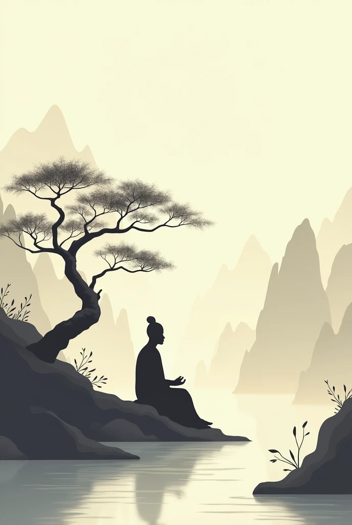 Chinese landscape, A buddhist bold monk silhoutte sit meditation below tree in the mountains and rivers,Minimalist sketches,abstract paintings, Zen, Amy Sol style, Cover art with light abstraction, Simple vector art, Contemporary Chinese art, Gradient of color, Soft color palette, layered forms, Whimsical animation, The style is ethereal and abstract