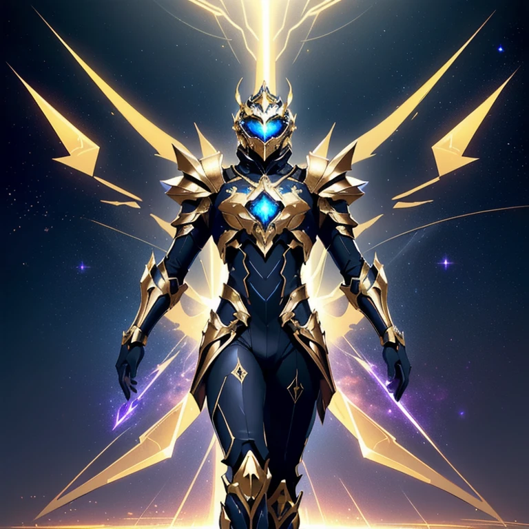 It's a man. The image presents a highly detailed and futuristic armor designed for a male warrior. The armor combines elements from different parts to create a cohesive and powerful look.
Helmet: The helmet features a sleek, aerodynamic design with a golden metallic finish. It has a central crest that rises upwards, and the visor glows with a bright blue light, giving it a high-tech, futuristic appearance.
Pauldrons (Shoulder Pads): The shoulder pads are large and wing-like, curving outward and upward, with a polished golden finish. These pads extend slightly beyond the shoulders and include a sleek, angular design, providing both a majestic and powerful look.
Chest Plate: The chest plate is intricately segmented, with a combination of gold and dark metallic blue. It has a gem-like crystal in the center that emits a soft, mystical glow. The design of the chest plate is both protective and regal, with sharp, angular lines that add to the overall futuristic aesthetic.
Arm Guards: The arm guards are sleek and streamlined, with articulated golden and purple segments that offer flexibility and protection. The design of the gauntlets is both robust and elegant, incorporating futuristic elements that blend with the classic style.
Leg Armor: The legs are armored with segmented plates that are primarily gold and purple. The boots are angular and sturdy, with a design that conveys both strength and agility. The overall look of the leg armor is grounded yet sleek, completing the ensemble with a powerful stance.
The background of the image is a dark cosmic scene, filled with distant stars and nebulae that highlight the polished surfaces of the armor. Dynamic lighting is used to emphasize the key features, particularly the glowing visor and central chest gem, reinforcing the mystical and imposing nature of the warrior.