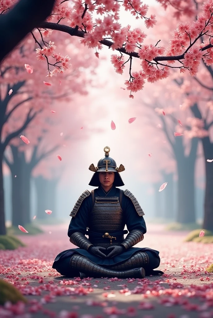 Samurai Warrior Meditating: A serene and focused image of a samurai warrior in full armour, sitting cross-legged in meditation under a cherry blossom tree. The scene is peaceful, with petals gently falling around him, symbolizing the calm before battle.