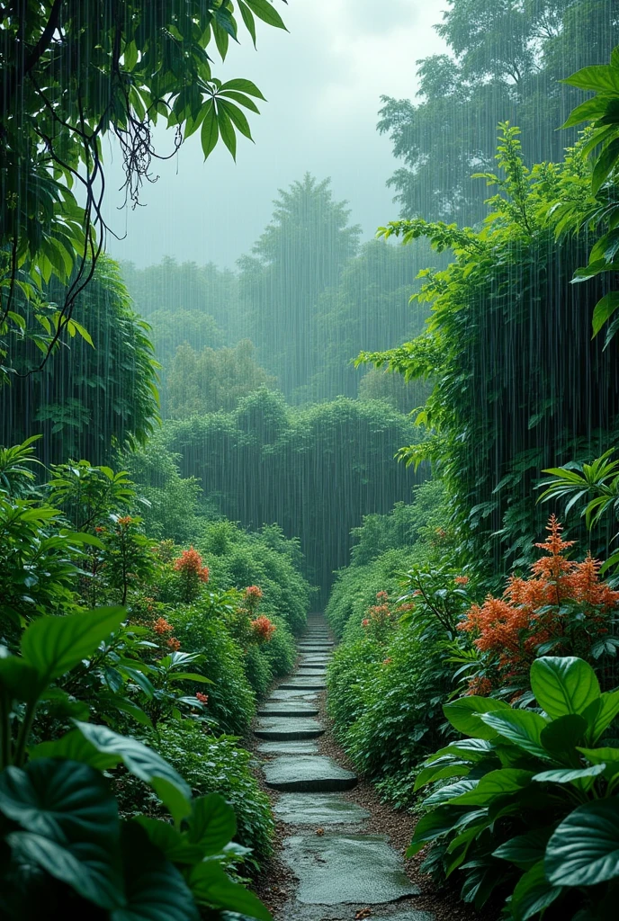 Image of a green garden under the gray rain with saturated colors