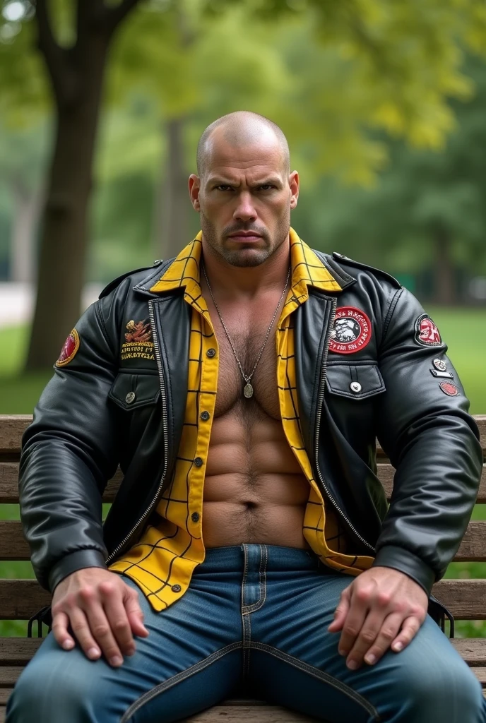 Big body builder white bald men wearing unbuttoned yellow double pocket check shirt and black leather jacket with logos in park on bench