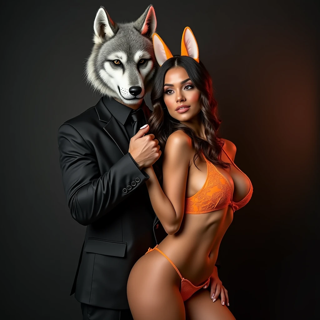 man with wolf mask wearing gangster suit, hugging 1 latina woman, very big breasts, orange lingerie, fox ears in photo studio