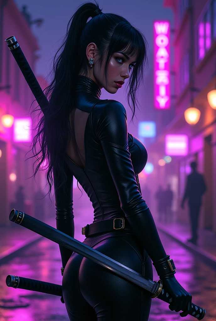 at night, some buildings in the united states, bars, purple phosphorescent lights, and a woman with black hair and blue eyes, small nose,Super pretty with a black leather suit and two katanas on her back, handling it perfectly