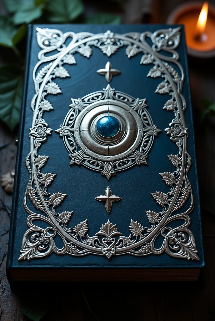 A grimoire with sparkling features carved in silver with branches of small arabesque leaves in the four corners of the cover and in its center the symbol of the triple moon