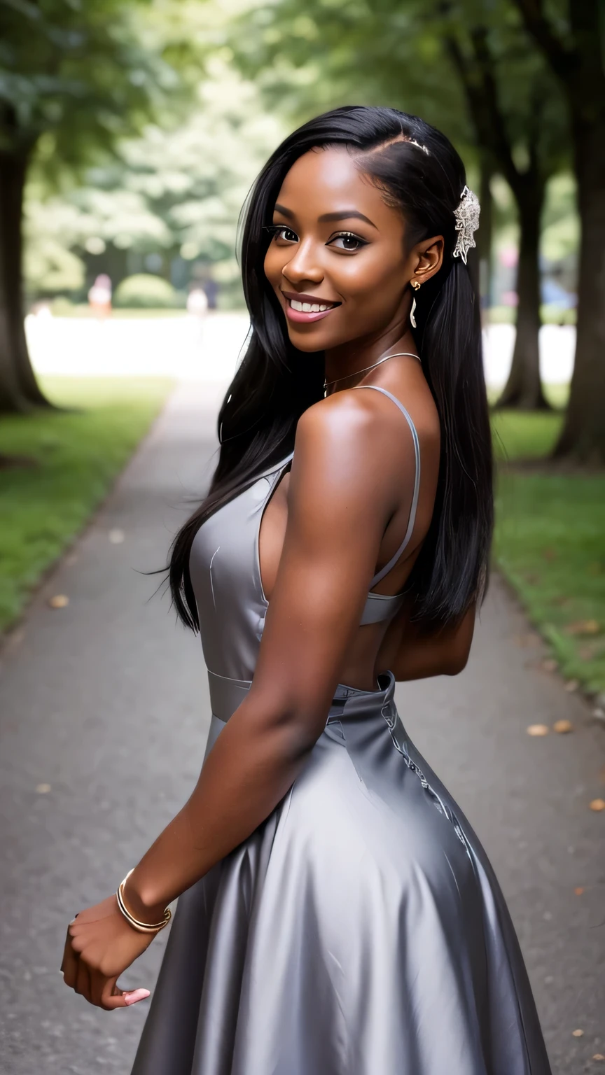 Realistic full body photo of a smiling black woman with long hair, black skin, She dances in front of the camera in a long A-line dress with straps made of shiny gray satin., Park,glamour fotoshooting, Wedding celebration, perfect anatomy, perfect brown eyes. Perfect hands with 5 fingers on each hand, Matching girl, looking at the camera, 1 Frau. (Eye make up:1.1), (highly detailed skin:1.1), spirit, analog style, keen focus, 8K  UHD, dslr, good quality, Fujifilm XT3, Grain, Award-winning, ​masterpiece. Wedding celebration. She stands in the park and looks over her shoulder towards the camera. Back