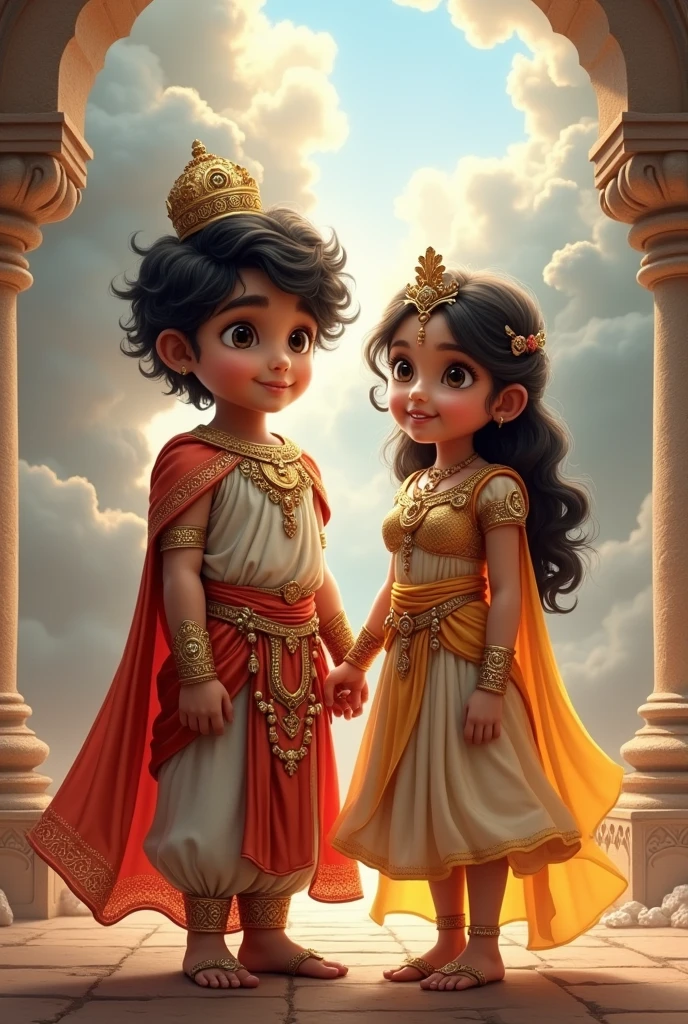 A boy and girl with God and goddess costume name printed on their dress
Boy name Rahul and girl name Reena