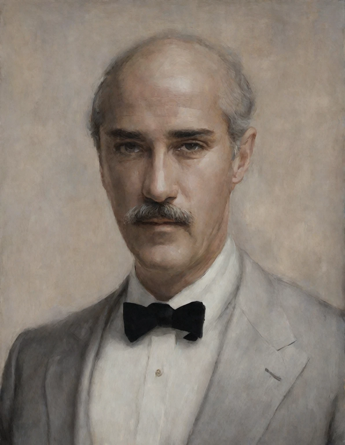 The image is a portrait of a man's face. The man appears to be in his late twenties or early thirties, with dark hair and a mustache. He is wearing a black tuxedo with a white shirt and a black bow tie. The background is a dark brown color, and the man is looking directly at the camera with a serious expression. The painting is done in a realistic style,