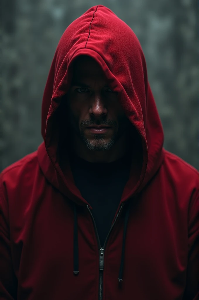 A man in red hoodie with head covering with hoodie. His face is black and in visible. But he is talking