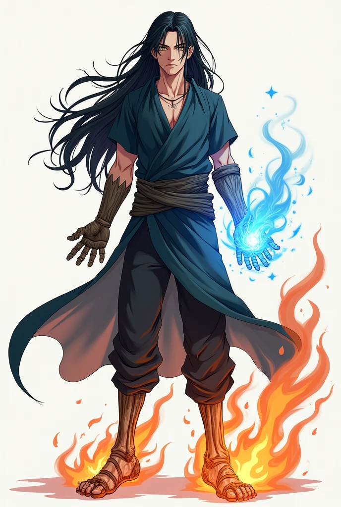 anime, 1 human man only, long black hair, standing, right wooden hand , left ice hand , right fire foot , left skeleton foot