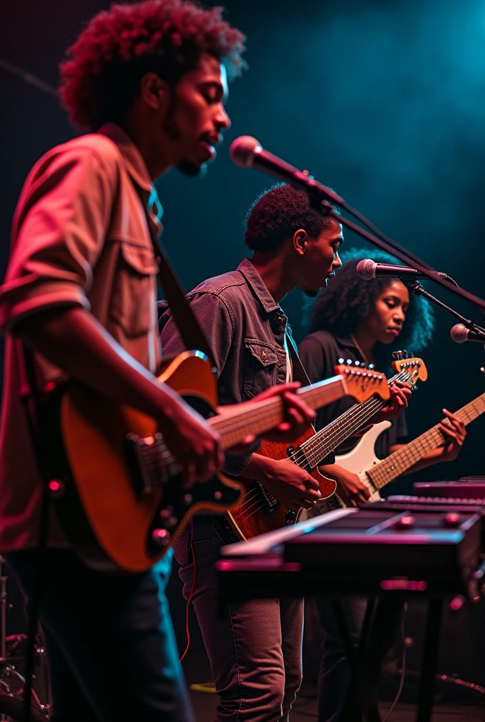 Image of 4 young black adults one playing guitar the other bass, another piano another drums