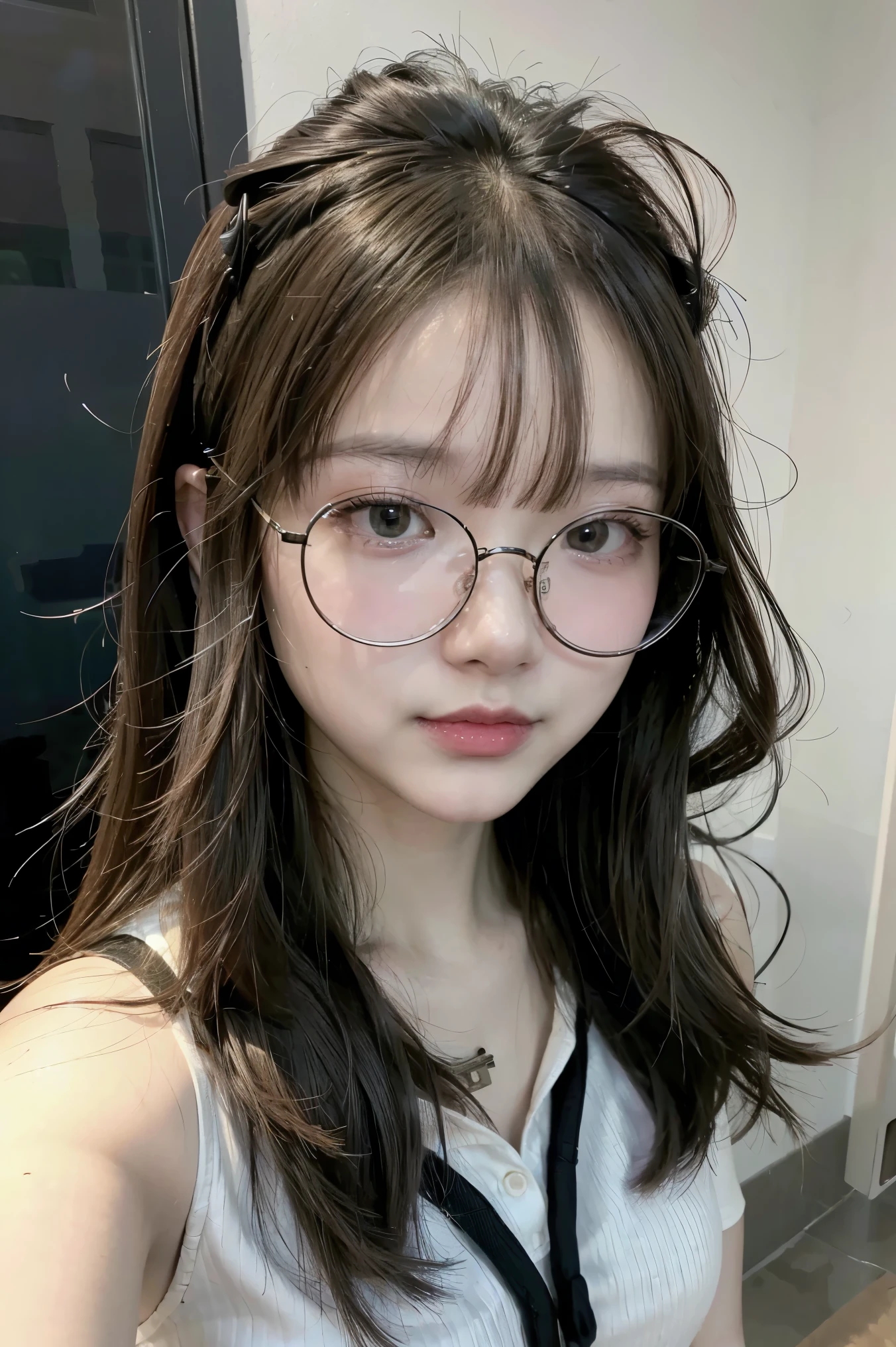 The face is of a Chinese girl wearing round black-rimmed glasses.