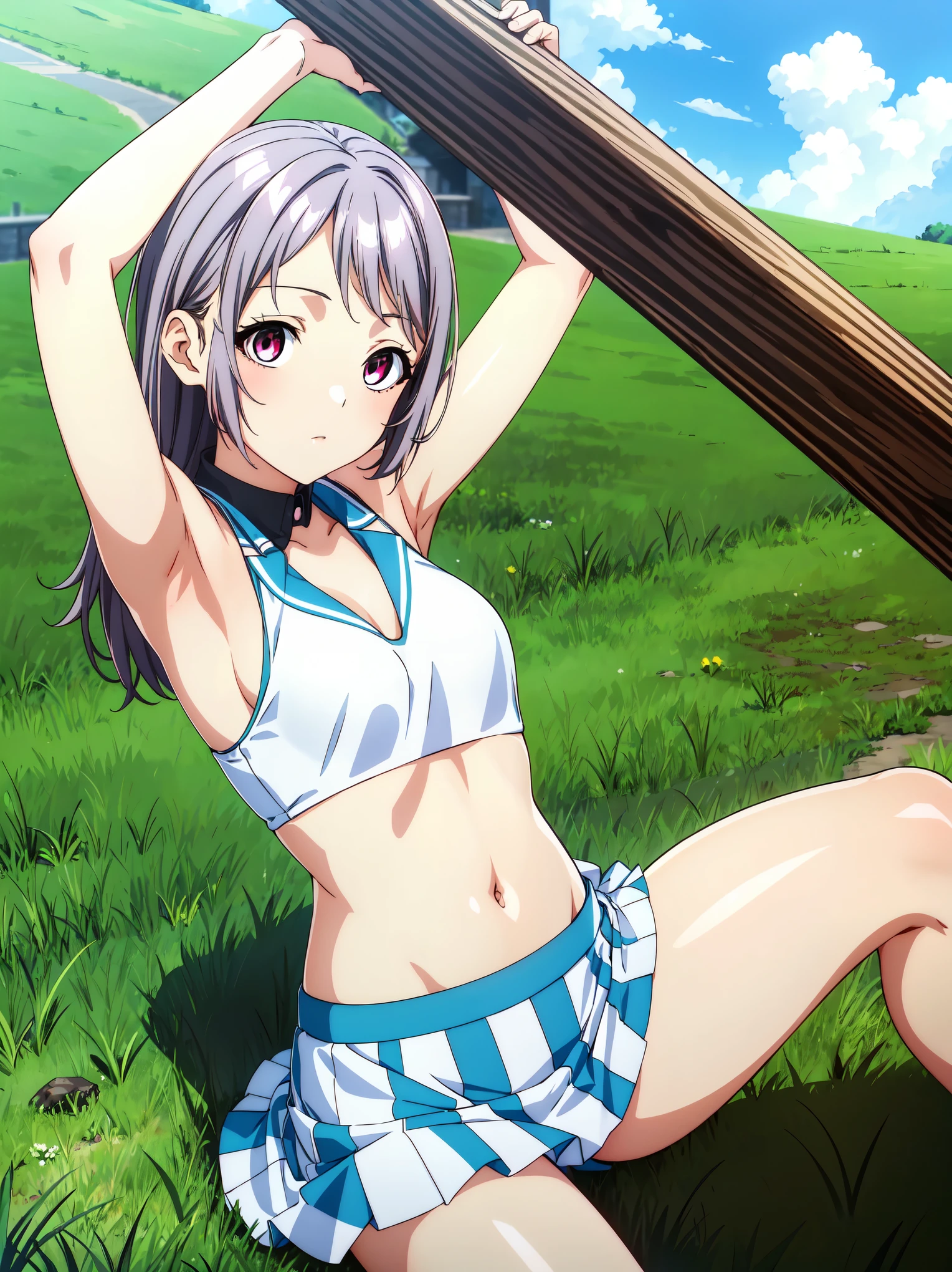 Show me your armpits,Kaori Hojo, , (masterpiece: 1.1), (Highest quality: 1.1), Top Bikini, (White Bikini: 1.1), (Checked mini skirt: 1.1), Mini high waist skirt, break [Green Grass: pink, :0.5] theme, (Urban Background: 1.1), Denim Lenses, break Silver, length, Green Eyes, landscape, Small box, low length, , Big Breasts,